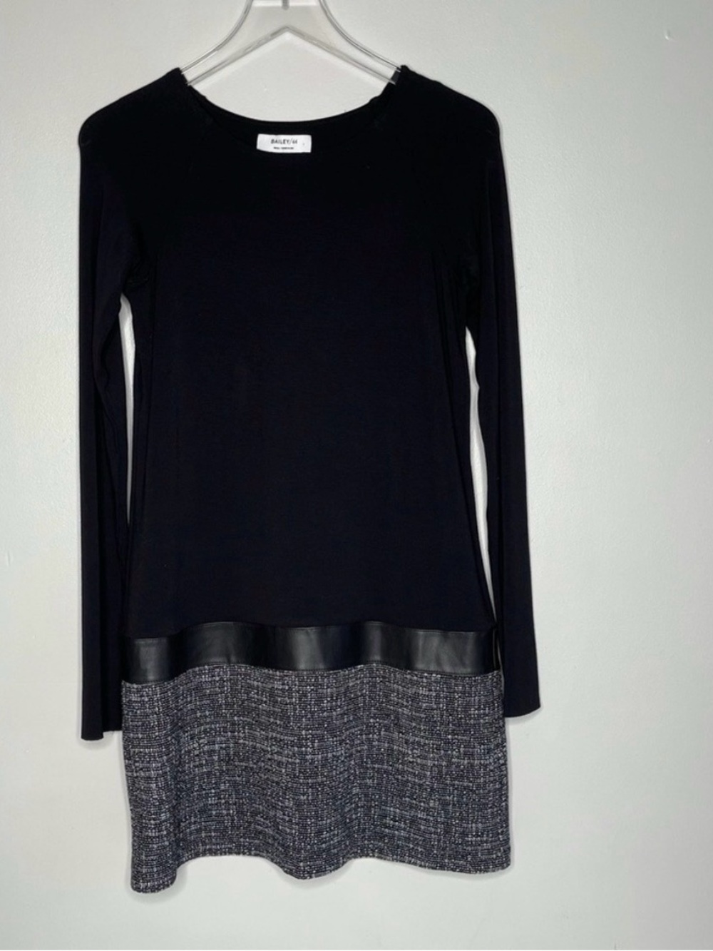 Bailey 44 Black Top with Gray Tweed Hem Long-Sleeve Dress